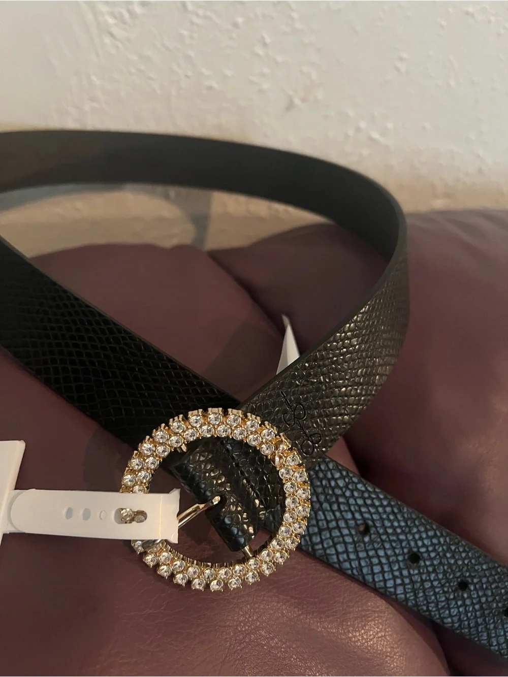 Jessica Simpson Black Textured Belt with Gold Crystal Circle Buckle